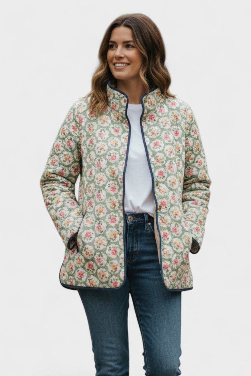 Marnie Mint Green Quilted Jacket with Fine Rose Pattern