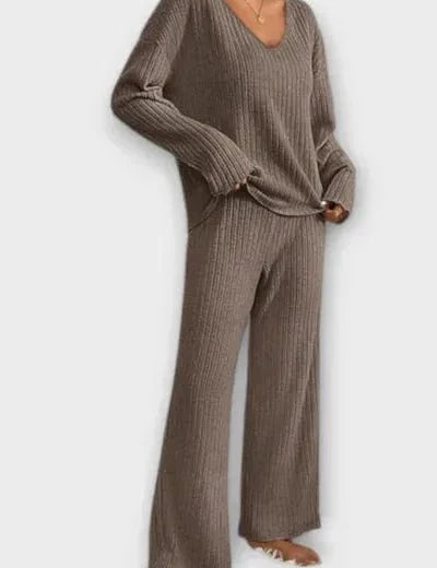 Melody, Ribbed Knitted Jumper & Wide-Leg Trousers Set
