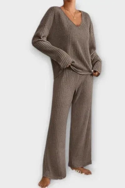 Melody, Ribbed Knitted Jumper & Wide-Leg Trousers Set