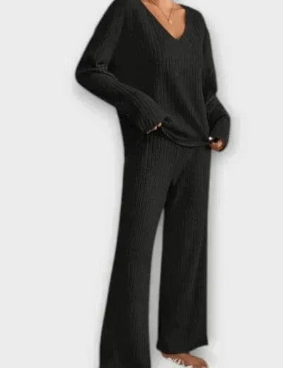 Melody, Ribbed Knitted Jumper & Wide-Leg Trousers Set