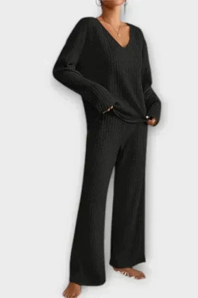 Melody, Ribbed Knitted Jumper & Wide-Leg Trousers Set