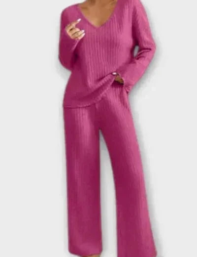 Melody, Ribbed Knitted Jumper & Wide-Leg Trousers Set