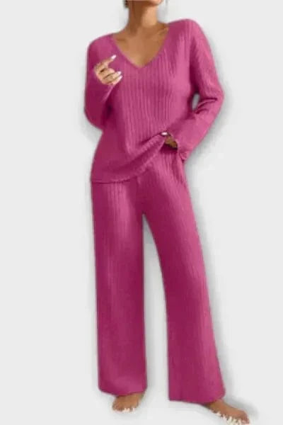 Melody, Ribbed Knitted Jumper & Wide-Leg Trousers Set