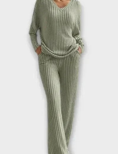 Melody, Ribbed Knitted Jumper & Wide-Leg Trousers Set