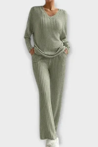 Melody, Ribbed Knitted Jumper & Wide-Leg Trousers Set