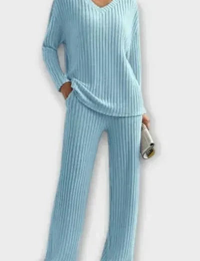 Melody, Ribbed Knitted Jumper & Wide-Leg Trousers Set