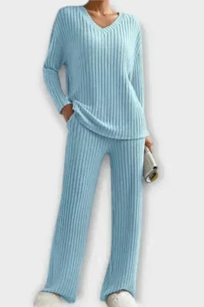 Melody, Ribbed Knitted Jumper & Wide-Leg Trousers Set
