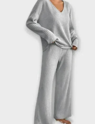 Melody, Ribbed Knitted Jumper & Wide-Leg Trousers Set