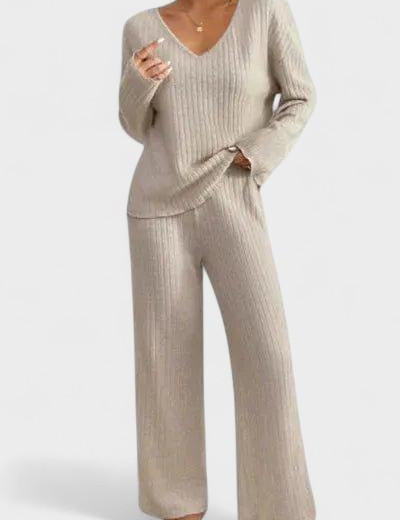 Melody, Ribbed Knitted Jumper & Wide-Leg Trousers Set