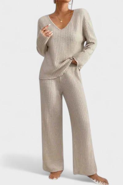 Melody, Ribbed Knitted Jumper & Wide-Leg Trousers Set