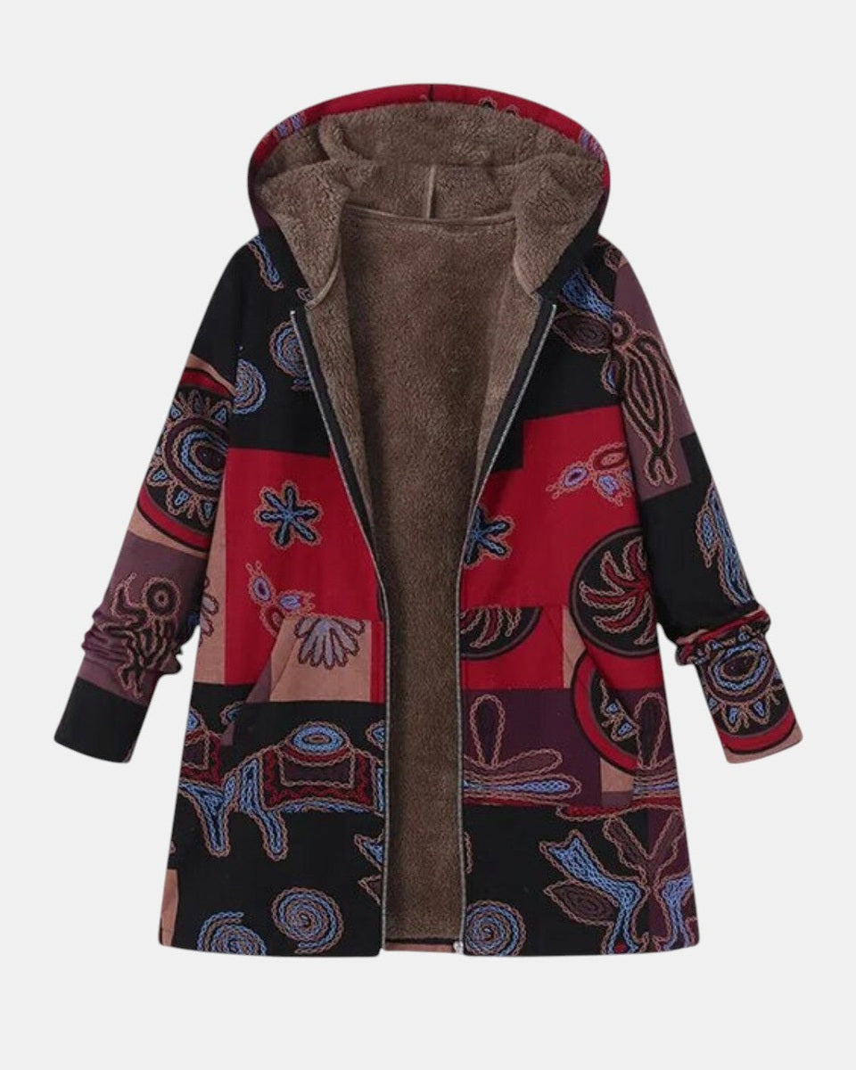Marina Boho-Patchwork Hooded Coat with Abstract Pattern