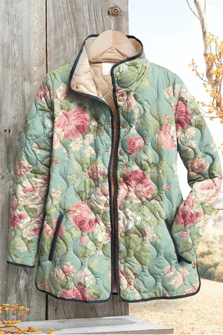 Millicent Mint Green Quilted Jacket with Large Roses - view 2