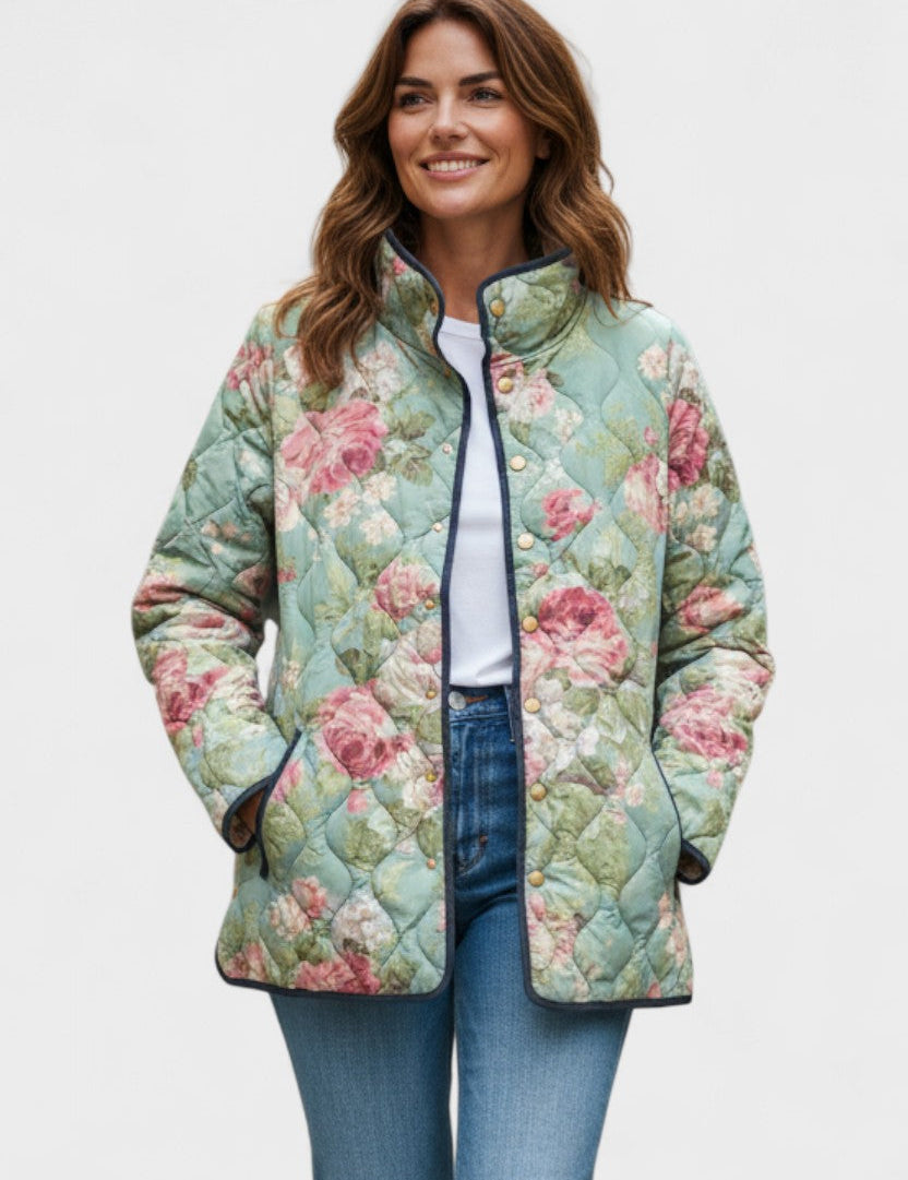Millicent Mint Green Quilted Jacket with Large Roses
