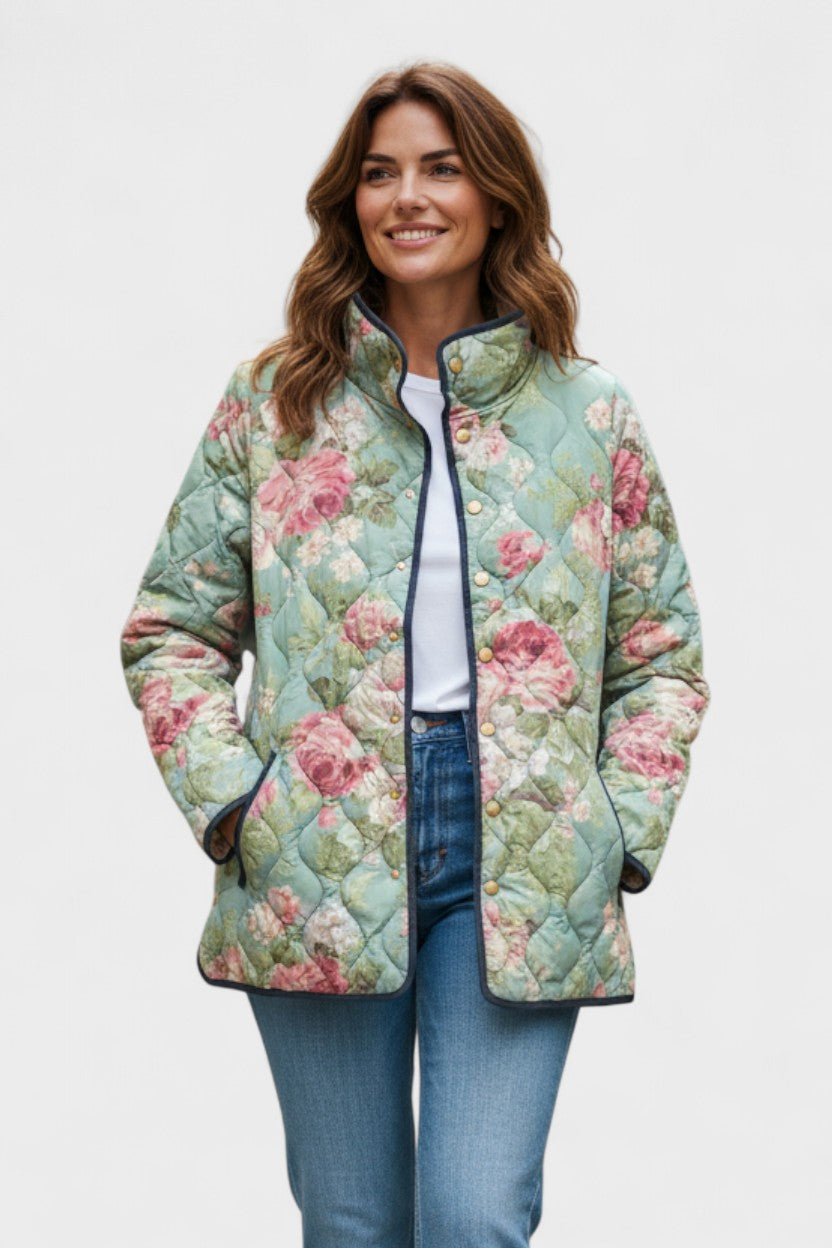 Millicent Mint Green Quilted Jacket with Large Roses