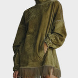 Hattie | Faux Suede Roll Neck Dress with Fringing