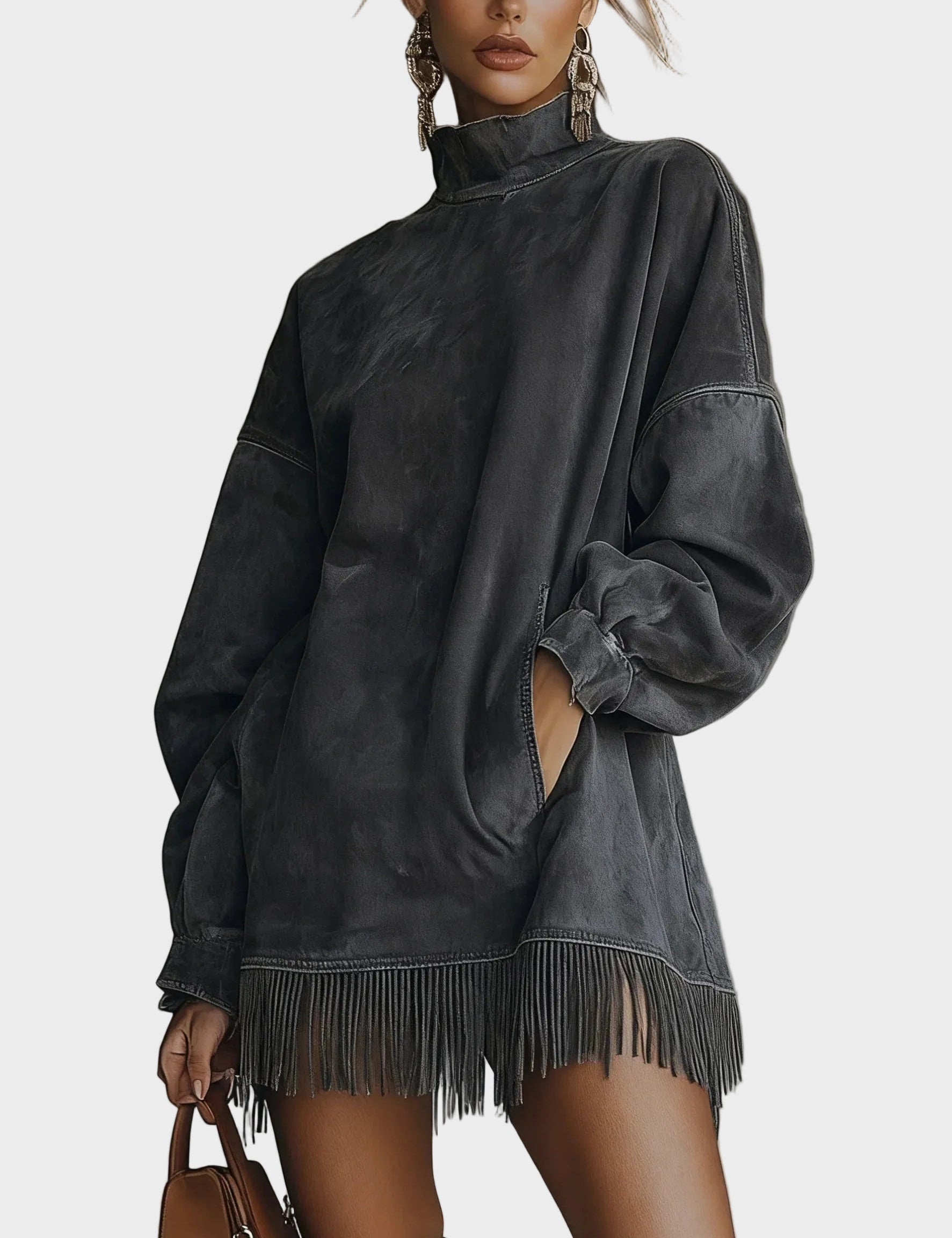 Hattie | Faux Suede Roll Neck Dress with Fringing