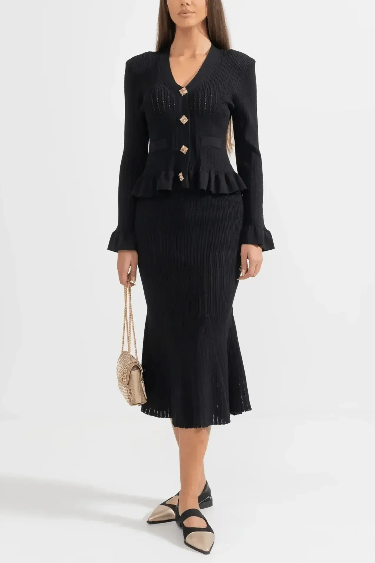 Prudence, Ribbed Peplum Top & Maxi Skirt Set