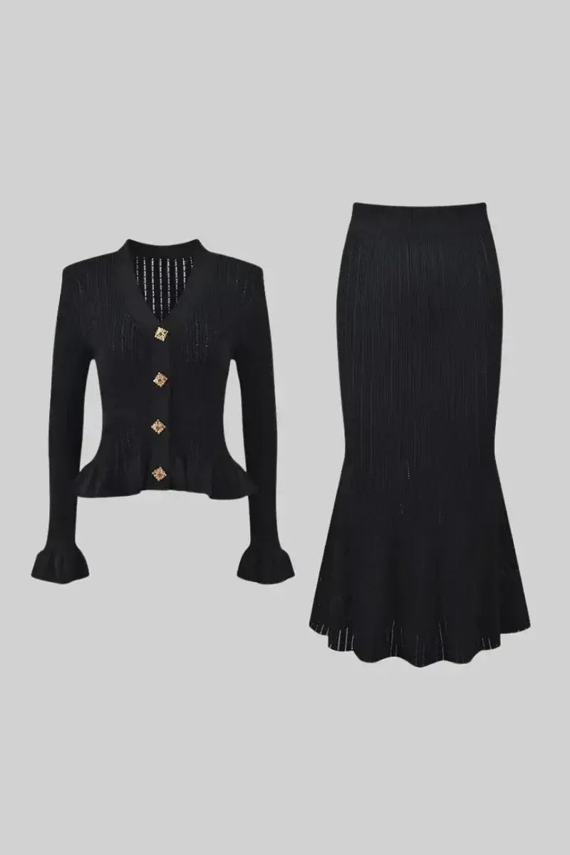 Prudence, Ribbed Peplum Top & Maxi Skirt Set