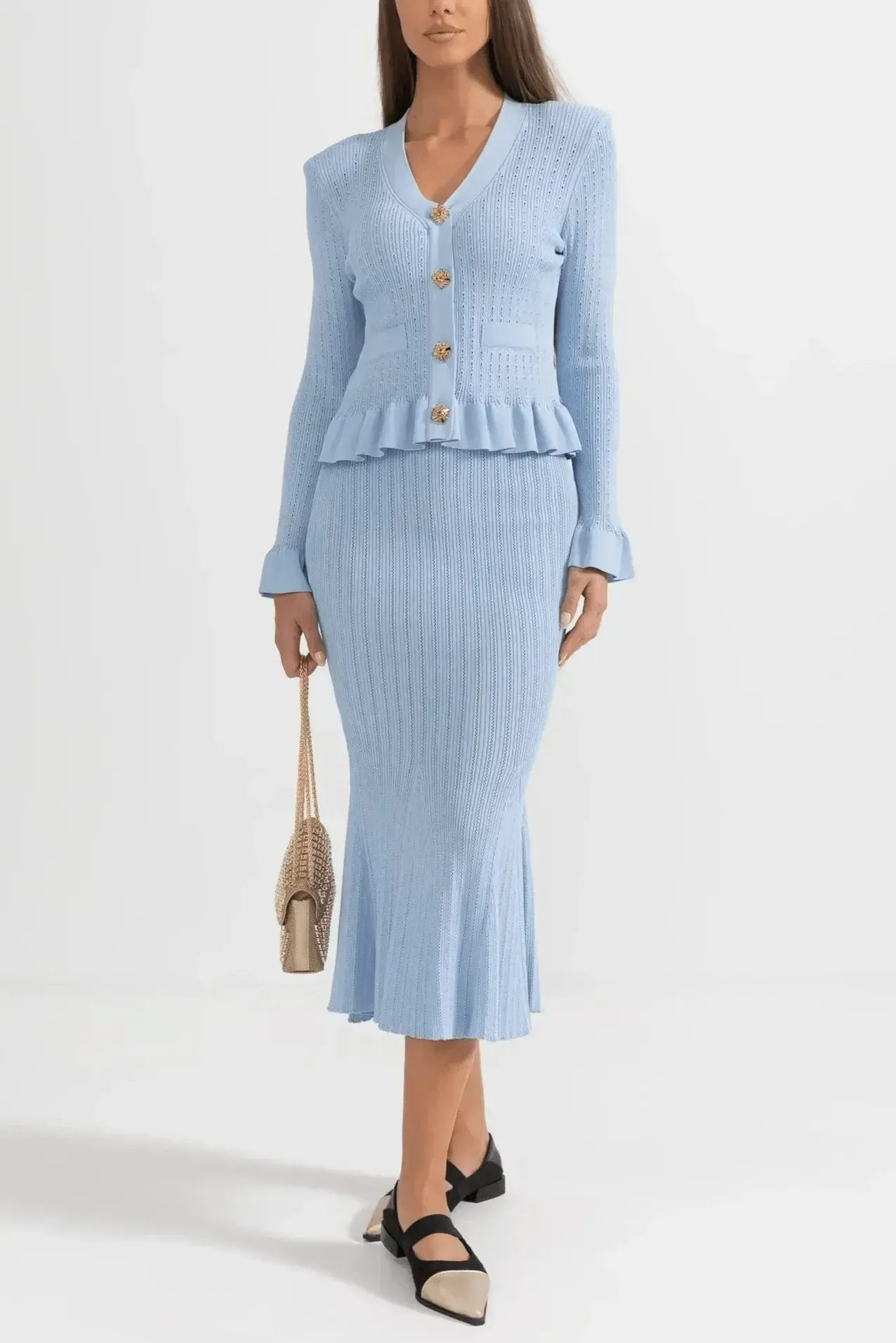 Prudence, Ribbed Peplum Top & Maxi Skirt Set