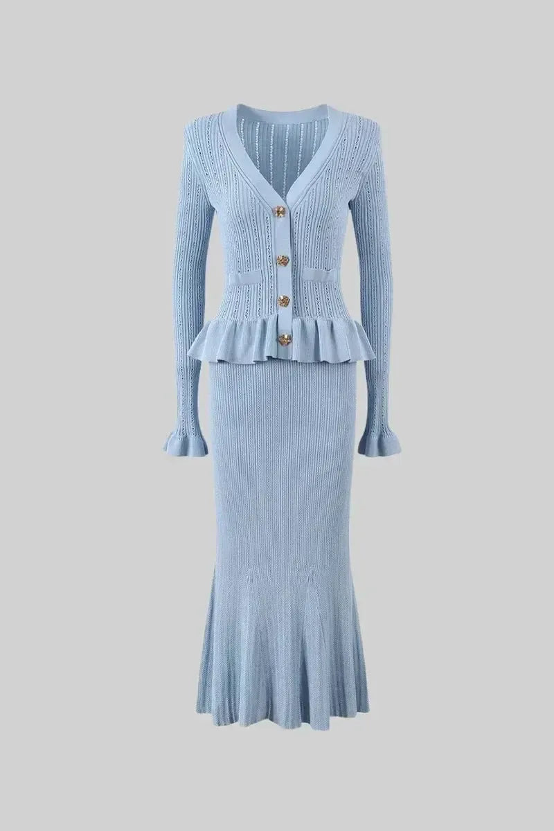 Prudence, Ribbed Peplum Top & Maxi Skirt Set