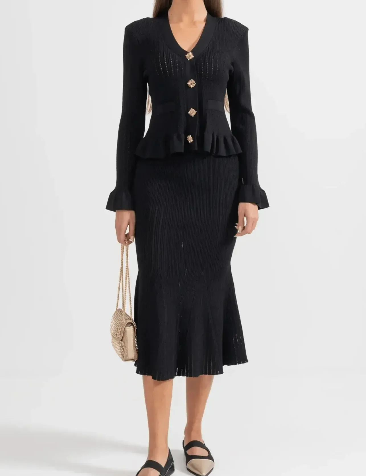Prudence, Ribbed Peplum Top & Maxi Skirt Set