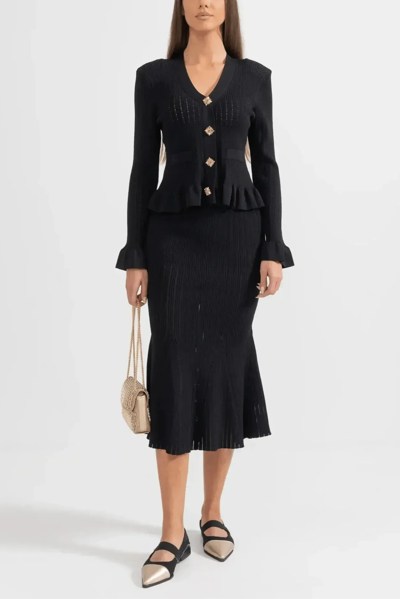 Prudence, Ribbed Peplum Top & Maxi Skirt Set