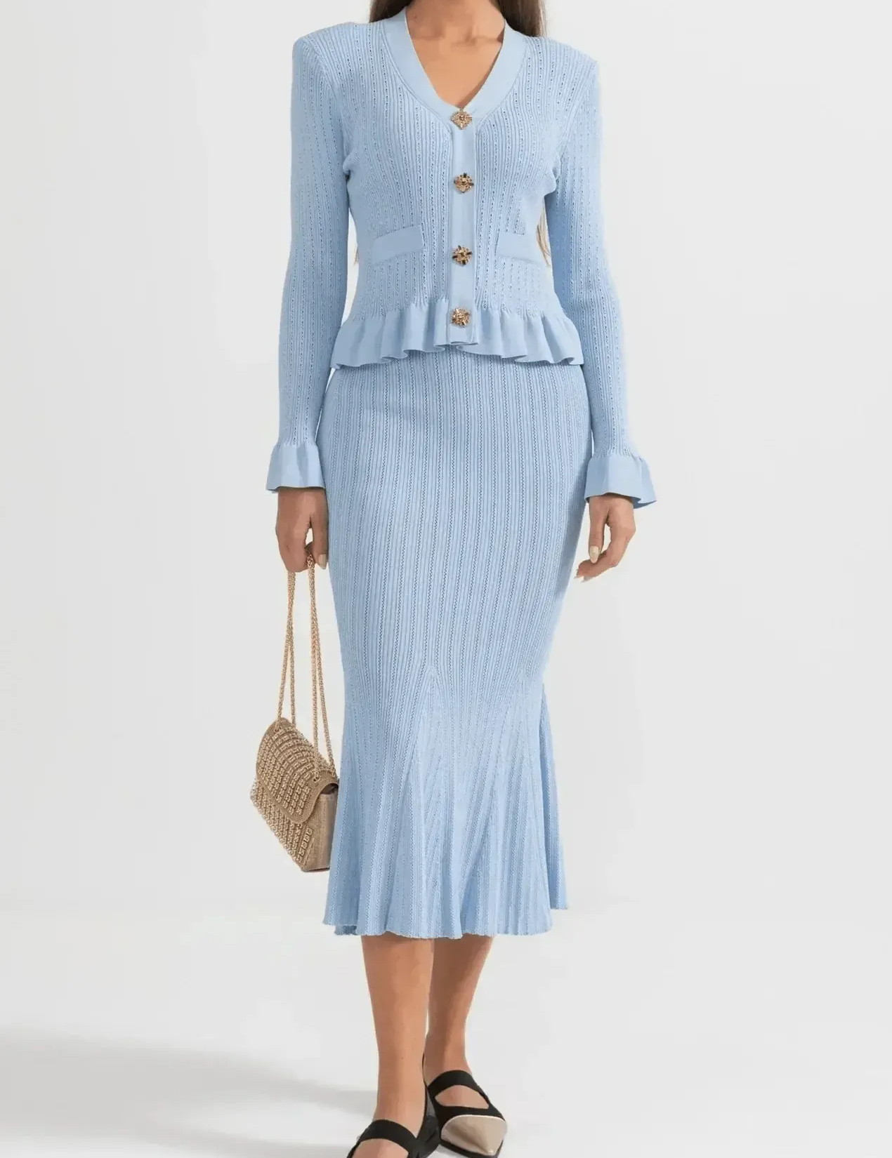 Prudence, Ribbed Peplum Top & Maxi Skirt Set