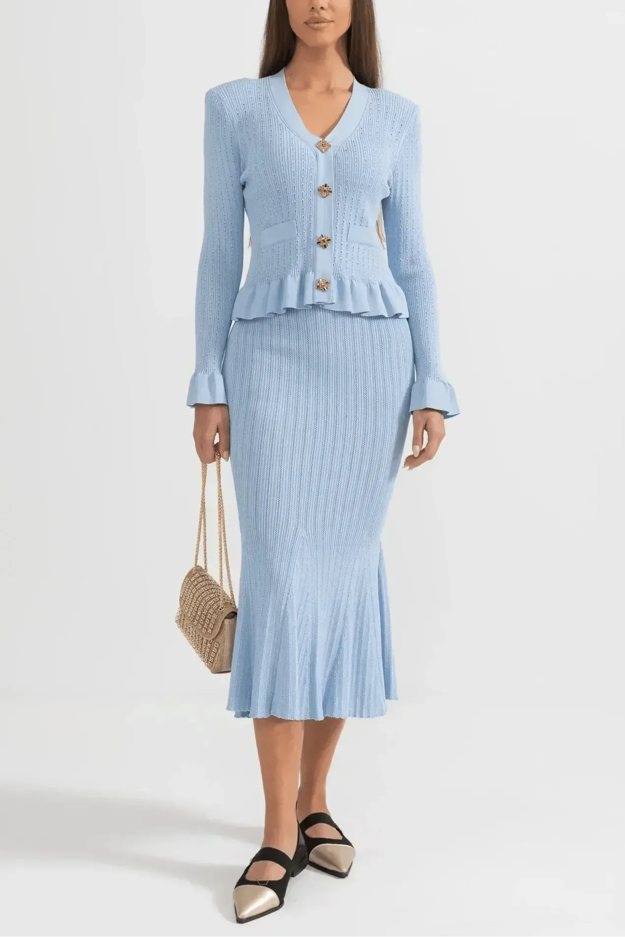 Prudence, Ribbed Peplum Top & Maxi Skirt Set
