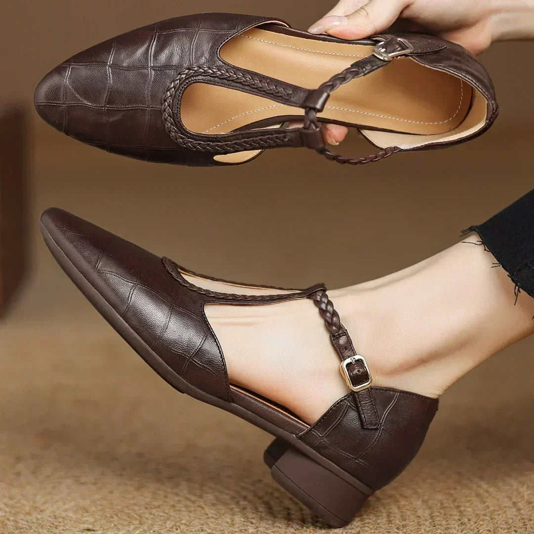 Greta Classic Leather T-Bar Shoes with Braided Detail - view 4