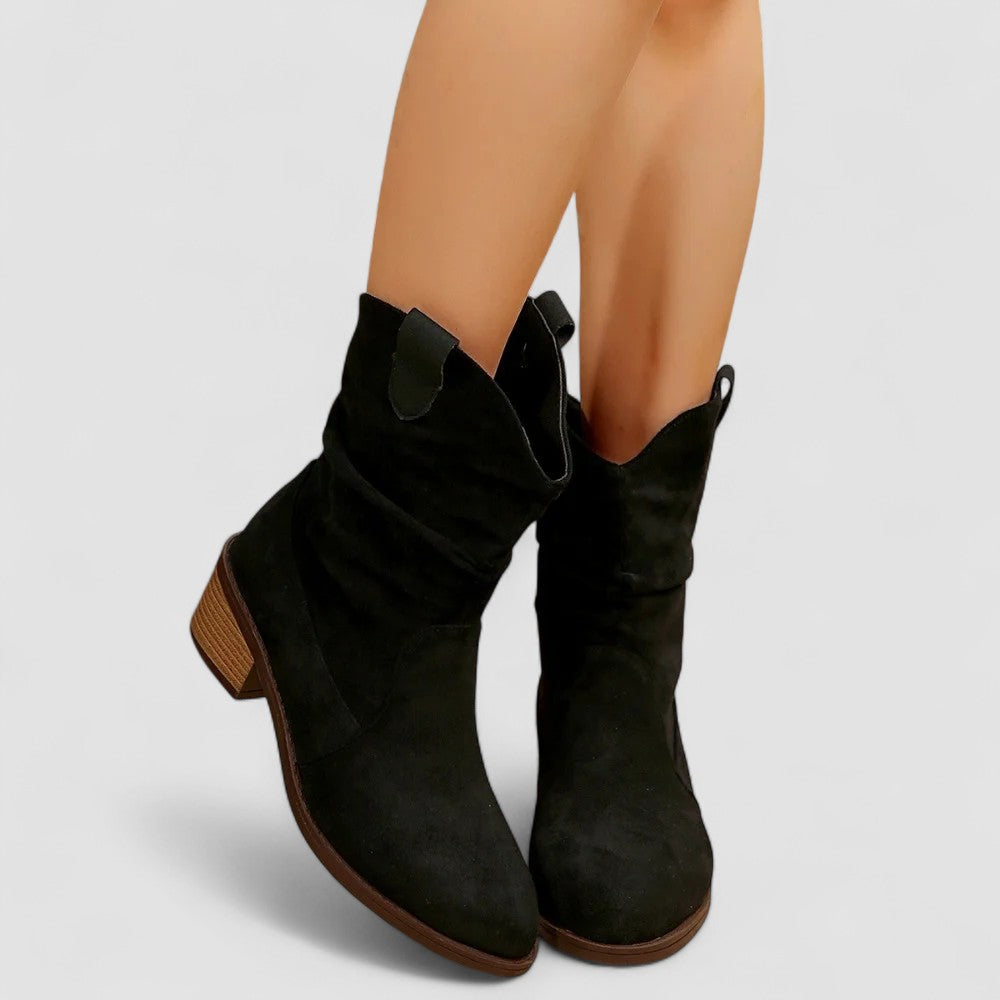 Cleo, Western Ankle Boots with Ruched Shaft