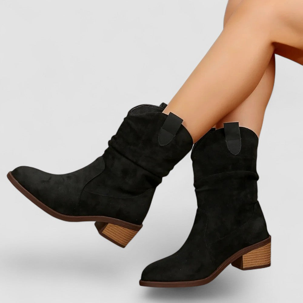 Cleo, Western Ankle Boots with Ruched Shaft