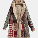 Scarlet Bordeaux Red Sherpa Coat with Geometric Pattern