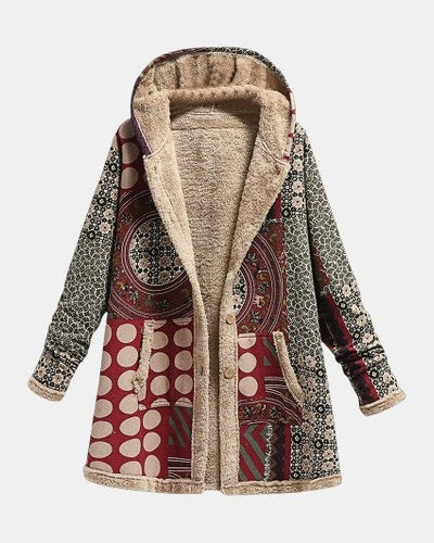 Scarlet Bordeaux Red Sherpa Coat with Geometric Pattern