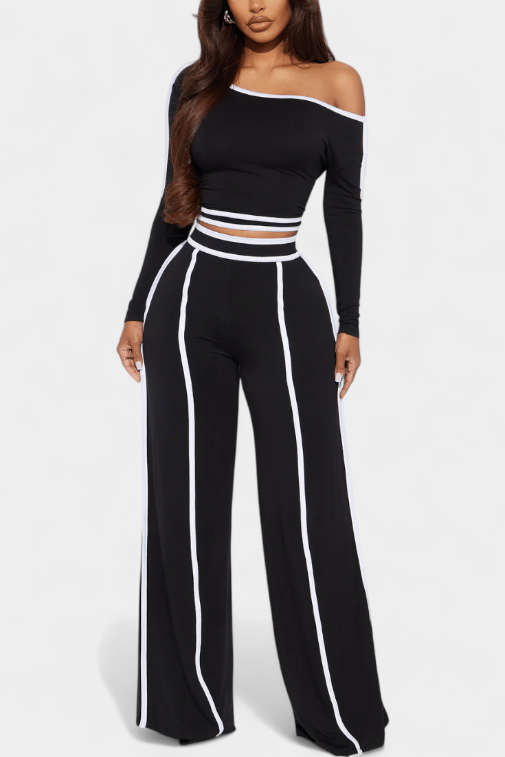 Shelley, Contrast-Stripe Top & Wide-Leg Trousers Set
