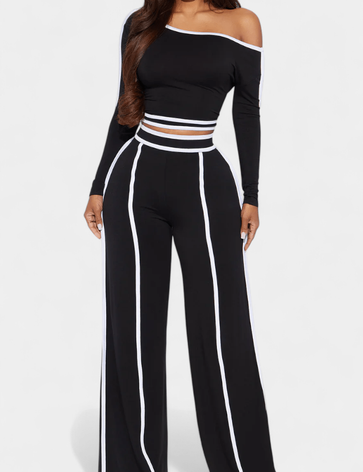 Shelley, Contrast-Stripe Top & Wide-Leg Trousers Set