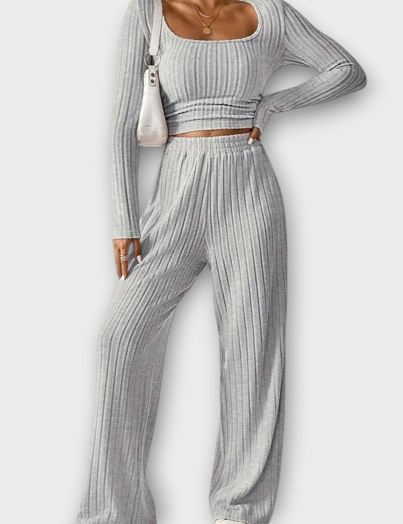 Shelley, Pleated Long-Sleeve Top & Wide-Leg Trousers Set
