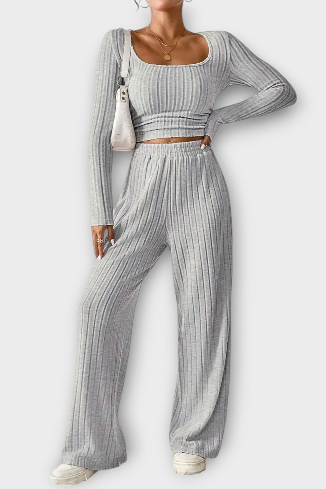 Shelley, Pleated Long-Sleeve Top & Wide-Leg Trousers Set