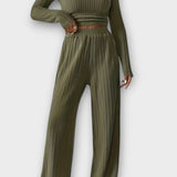Shelley, Pleated Long-Sleeve Top & Wide-Leg Trousers Set