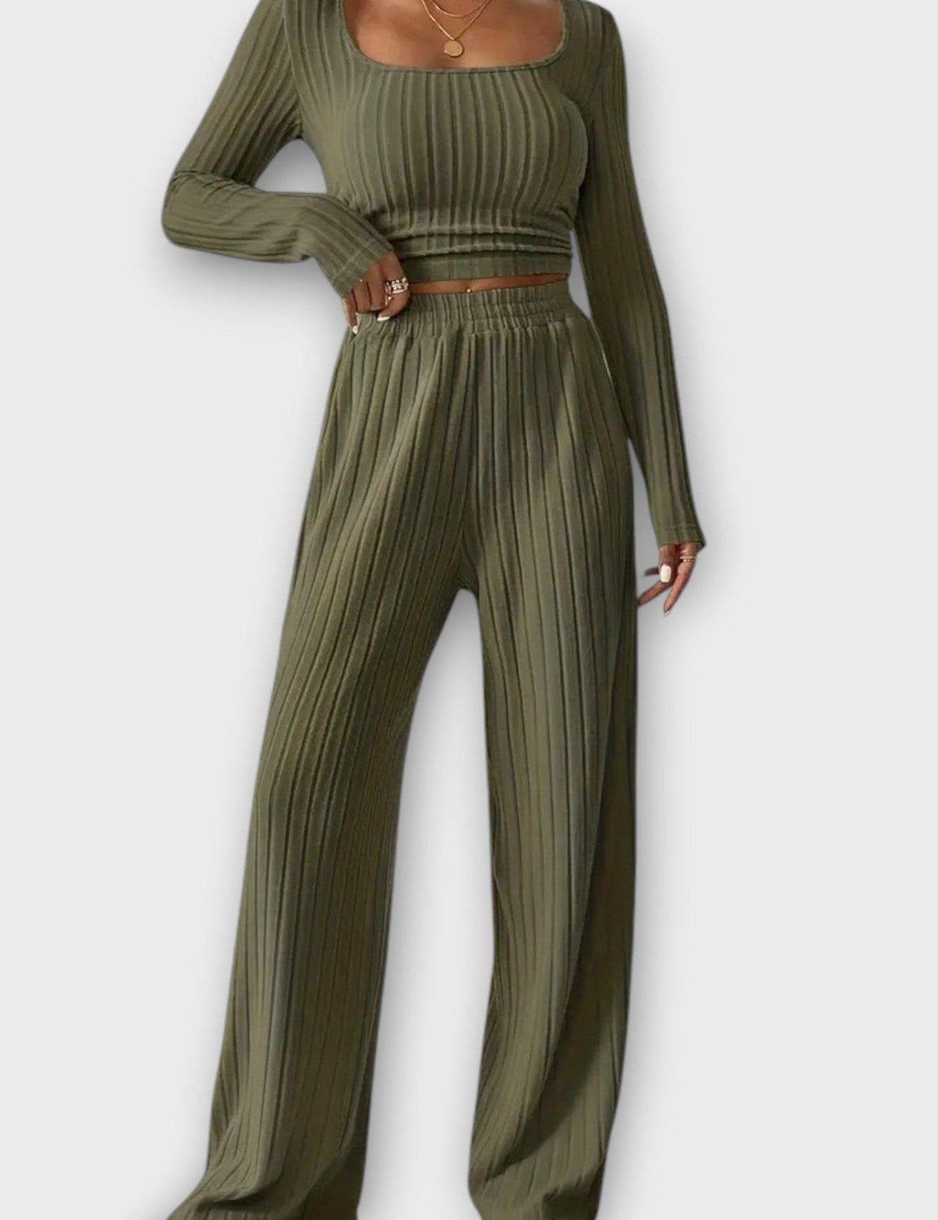 Shelley, Pleated Long-Sleeve Top & Wide-Leg Trousers Set