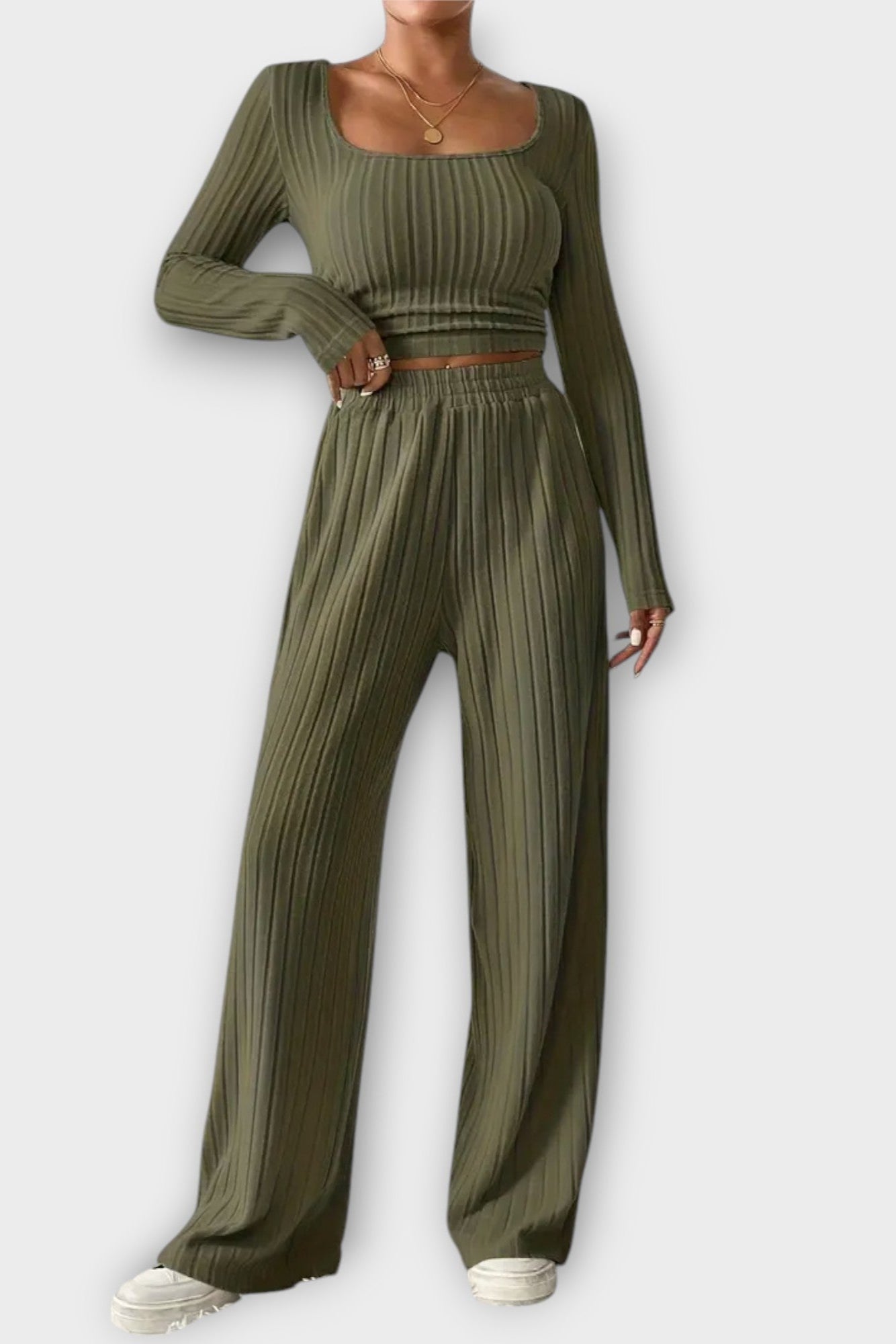 Shelley, Pleated Long-Sleeve Top & Wide-Leg Trousers Set