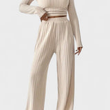 Shelley, Pleated Long-Sleeve Top & Wide-Leg Trousers Set