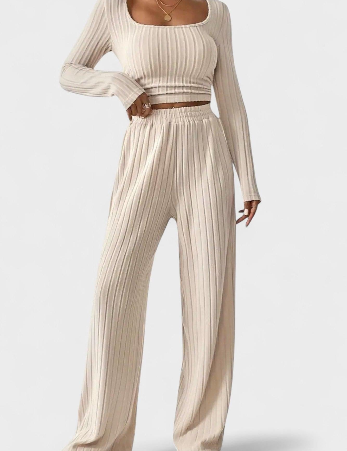 Shelley, Pleated Long-Sleeve Top & Wide-Leg Trousers Set