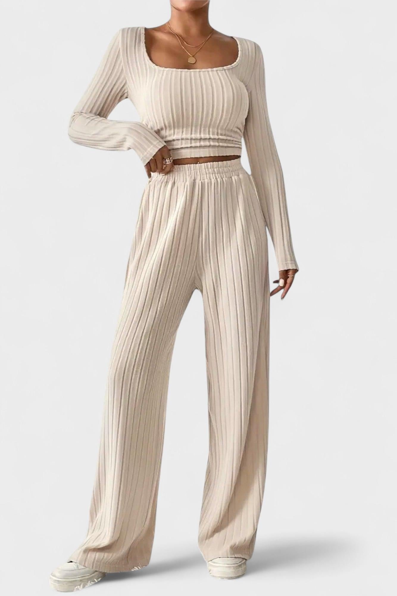 Shelley, Pleated Long-Sleeve Top & Wide-Leg Trousers Set