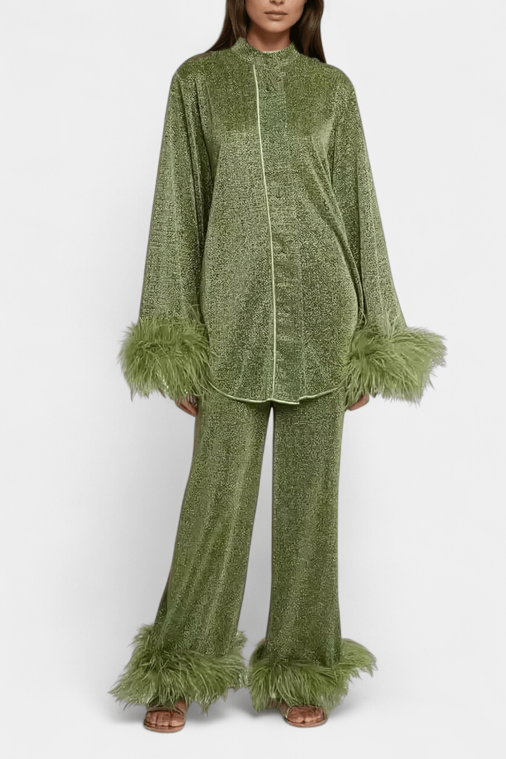 Sofia, Long-Sleeve Top & Feather-Trim Trousers Set