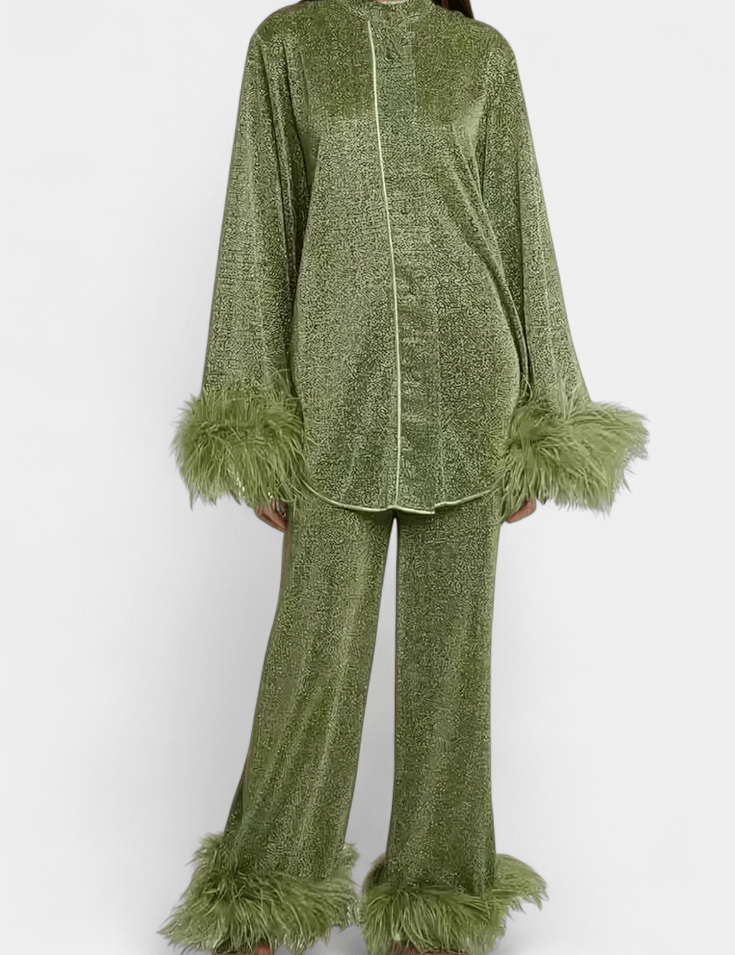 Sofia, Long-Sleeve Top & Feather-Trim Trousers Set