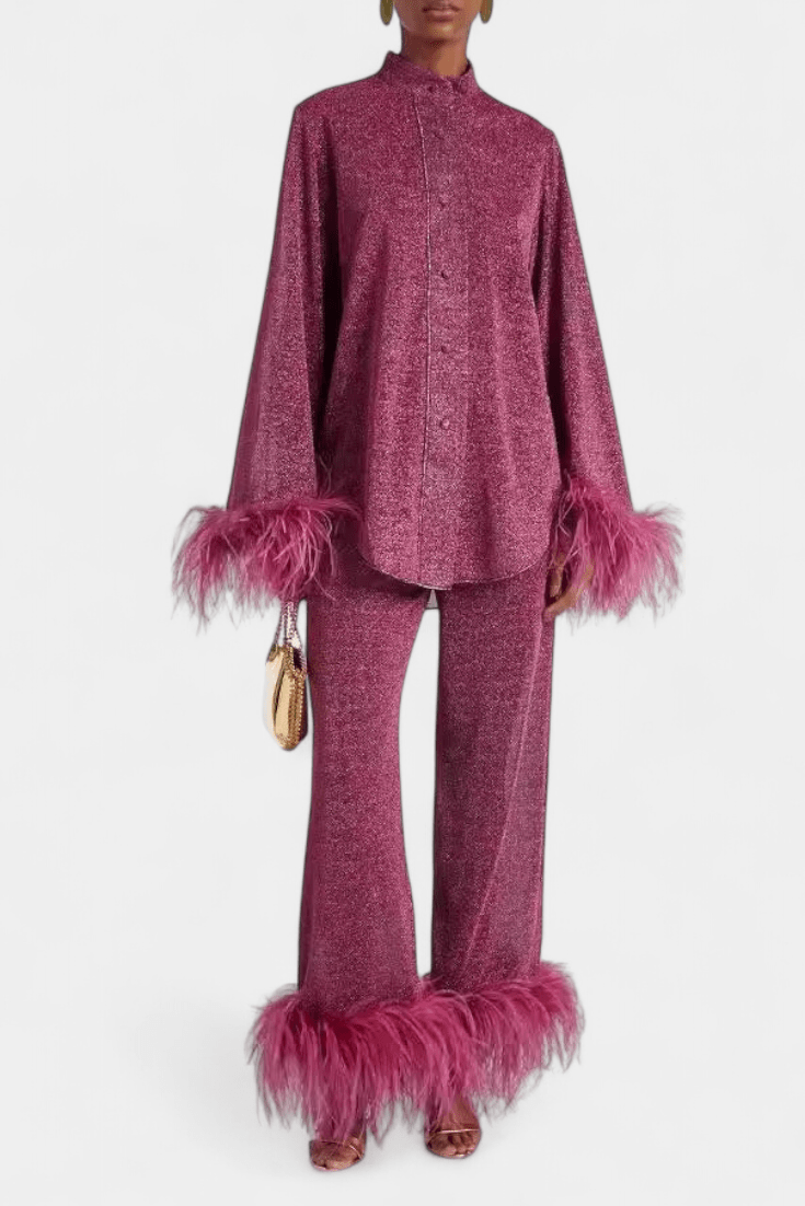 Sofia, Long-Sleeve Top & Feather-Trim Trousers Set