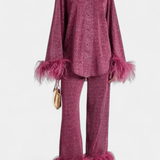 Sofia, Long-Sleeve Top & Feather-Trim Trousers Set