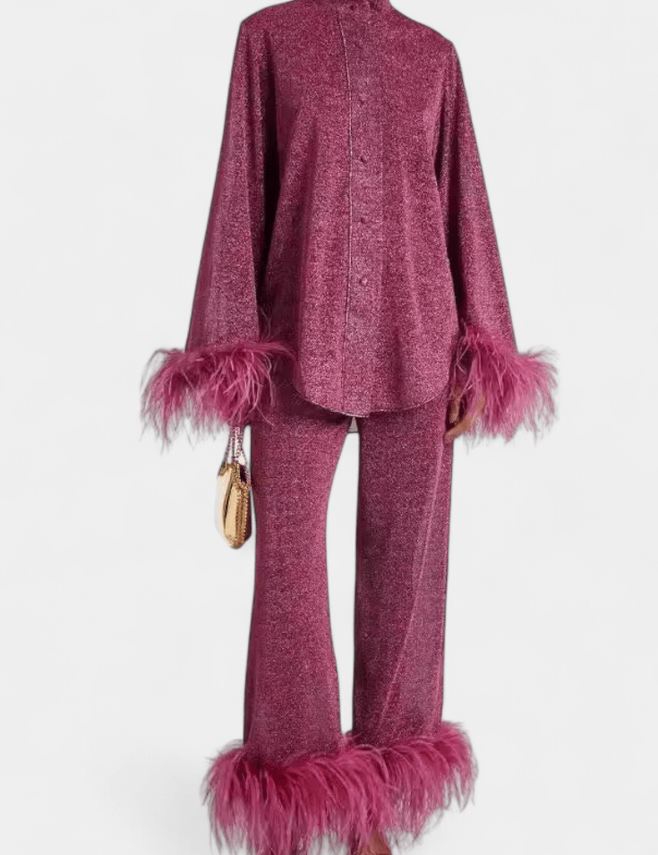 Sofia, Long-Sleeve Top & Feather-Trim Trousers Set