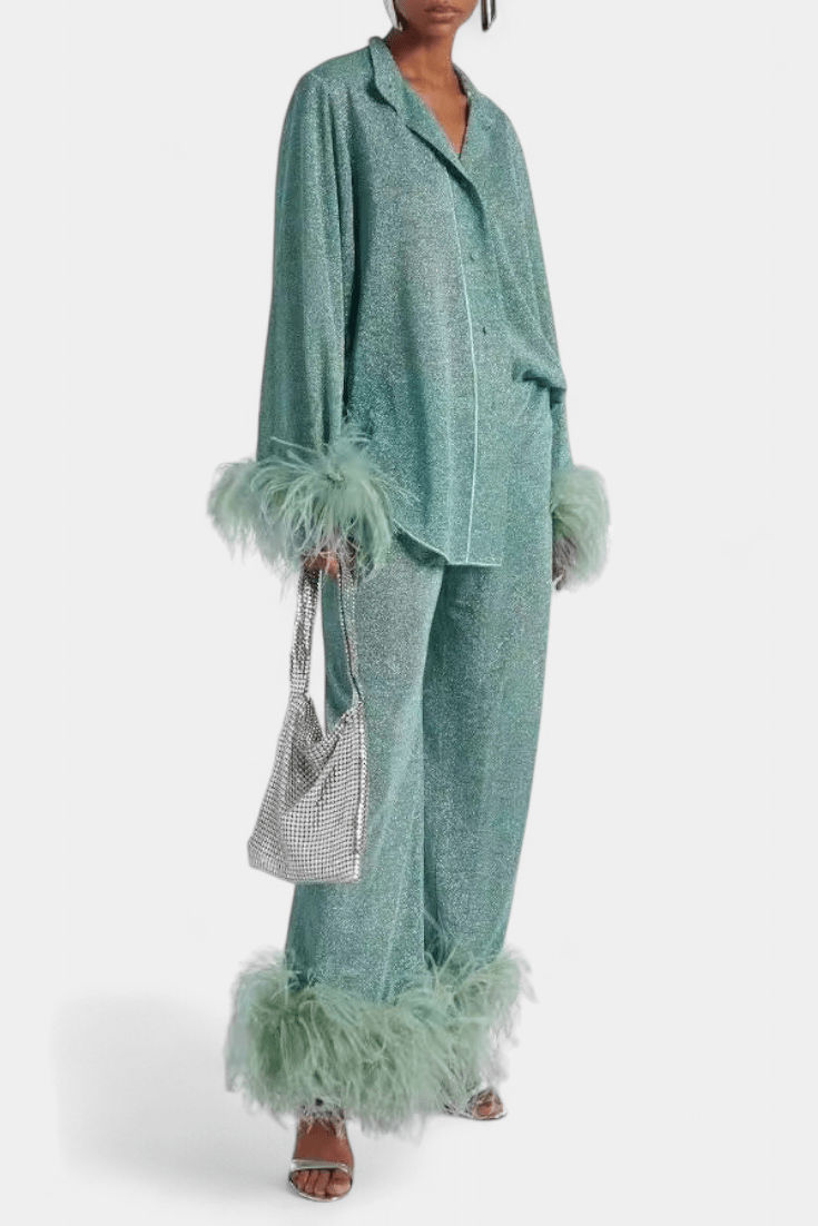 Sofia, Long-Sleeve Top & Feather-Trim Trousers Set