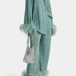 Sofia, Long-Sleeve Top & Feather-Trim Trousers Set